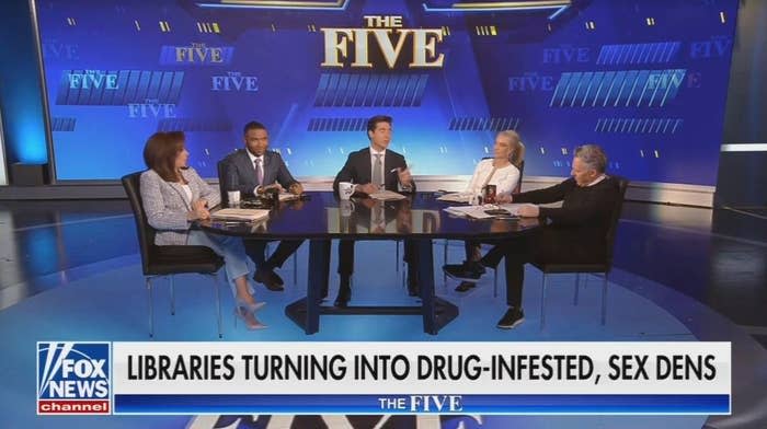 Five panelists at a desk on the set of "The Five" with a headline about libraries below them