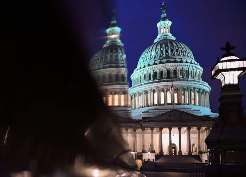 The U.S. Capitol is seen at night during Senate impeachment trial of U.S. President Trump in Washington