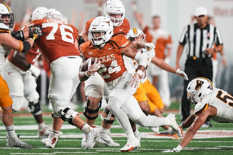 Texas' Jonathon Brooks turned in his best performance as a Longhorn with 164 yards on 21 carries, including a big 61-yard gain to set up a touchdown, Saturday night against Wyoming. He started in place of freshman CJ Baxter, who was out with a foot injury.