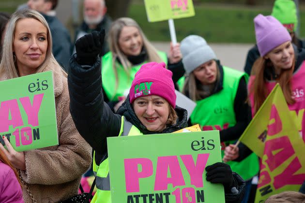 Striking teachers hold a rally outside Langside Hall as they begin a two-day strike action as their pay dispute continues on February 28, 2023 in Glasgow, Scotland.