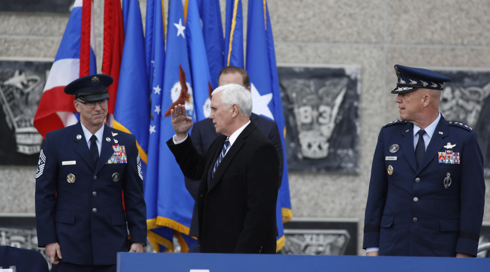 Vice President Mike Pence arrives on stage to speak at the graduation ceremony for the class of 2020 at the U.S. Air Force Academy Class of 2020 Saturday, April 18, 2020, at Air Force Academy, Colo. (AP Photo/David Zalubowski)