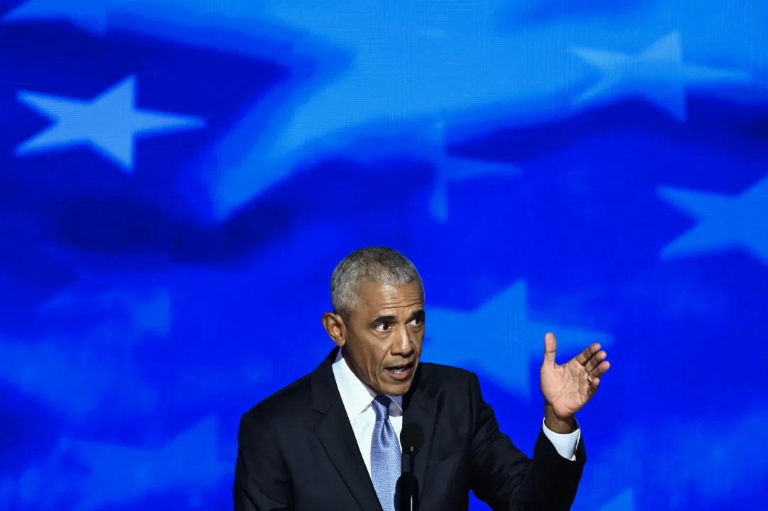 Former US President Barack Obama speaks on the second day of the Democratic National Convention (DNC) at the United Center in Chicago, Illinois, on August 20, 2024. Vice President Kamala Harris will formally accept the party's nomination for president at the DNC which runs from August 19-22 in Chicago. (Photo by Mandel NGAN / AFP) (Photo by MANDEL NGAN/AFP via Getty Images)