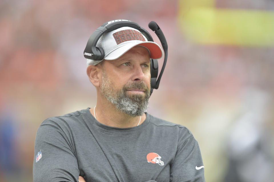 FILE - Cleveland Browns offensive coordinator Todd Haley stands on the field during an NFL football game against the Baltimore Ravens, Sunday, Oct. 7, 2018, in Cleveland. Former NFL coach Todd Haley is head coach of the Tampa Bay Bandits of the USFL. The USFL season kicks off Saturday night, April 16, 2022. (AP Photo/David Richard, File)