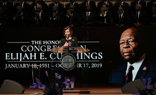 PHOTO: House Speaker Nancy Pelosi speaks during funeral services for the late Rep. Elijah Cummings at the New Psalmist Baptist Church in Baltimore, Oct. 25, 2019. (Lloyd Fox/Pool via Reuters)