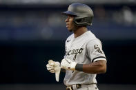 Chicago White Sox' Tim Anderson walks back to first after hitting a single off New York Yankees starting pitcher Luis Severino in the third inning of the second baseball game of a doubleheader, Sunday, May 22, 2022, in New York. (AP Photo/John Minchillo)