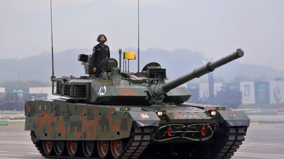 A Pakistani-made tank participates in a military parade in Islamabad, Pakistan, on March 23, 2024. (AP)