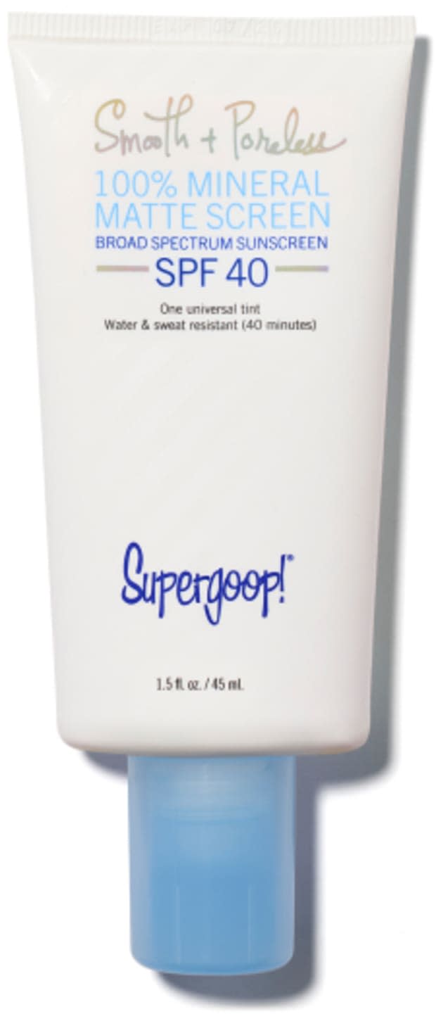 <p>Supergoop! 100% Mineral Smooth & Poreless Matte Screen, SPF 40, $38, <a href="https://rstyle.me/+jSKsHyTQzMchK42Q-8wbgQ" rel="nofollow noopener" target="_blank" data-ylk="slk:available here;elm:context_link;itc:0;sec:content-canvas" class="link ">available here</a>.</p>