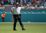 Sep 23, 2018; Miami Gardens, FL, USA; Oakland Raiders head coach Jon Gruden reacts in the first half against the Miami Dolphins at Hard Rock Stadium. Mandatory Credit: Kirby Lee-USA TODAY Sports