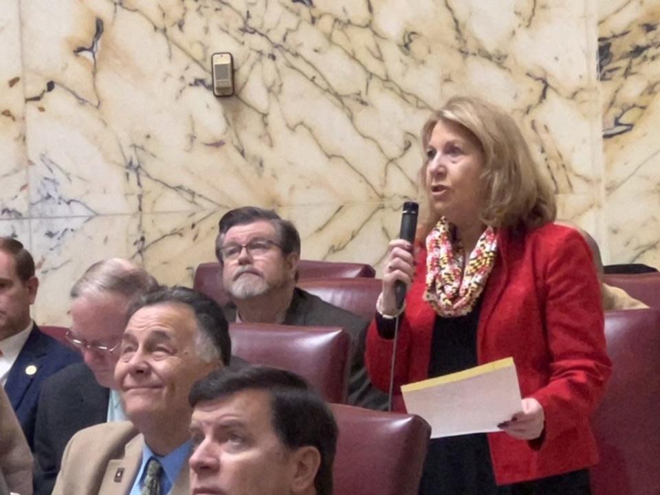 Sen. Mary Beth Carozza, R-Lower Shore, speaks on the Senate floor introducing groups in the gallery from Somerset and Worcester counties on Feb. 2, 2022.