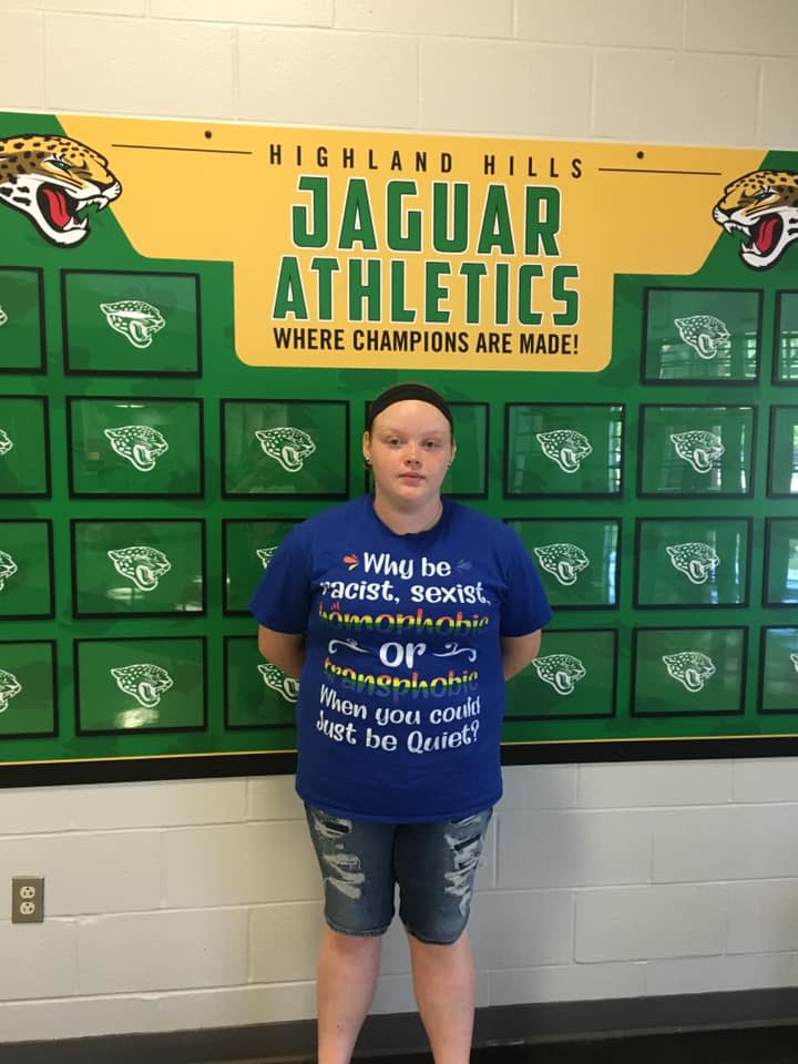 A 13-year-old girl in Indiana broke her school dress code with a shirt that read, "Why be racist, sexist, homophobic, or transphobic when you can just be quiet?" (Photo: Facebook/Renee Williams)