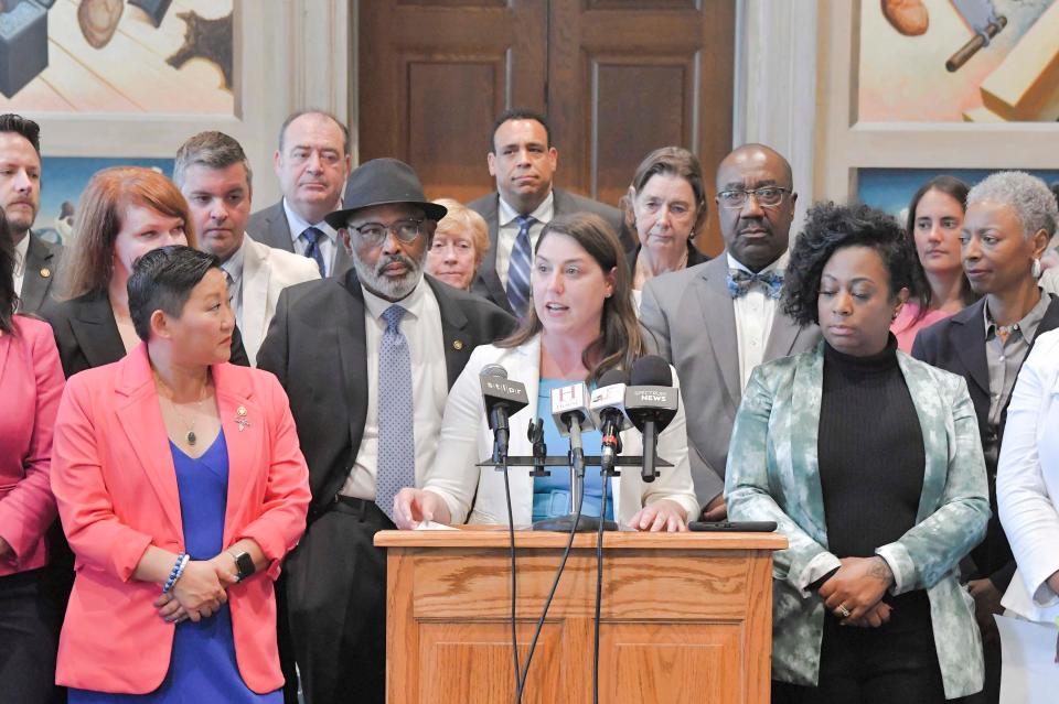 House Minority Speaker Crystal Quade addresses reporters at a press conference following the end of the 2024 legislative session.
