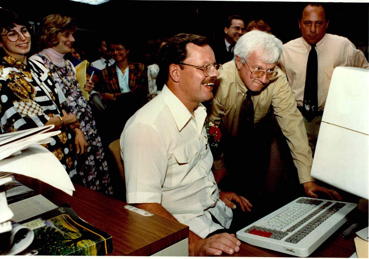 Terry Anderson, a graduate of Batavia High School, visits the Rochester Democrat and Chronicle/Times-Union newsroom in 1992. Anderson was held captive in Lebanon for six years, nine months.