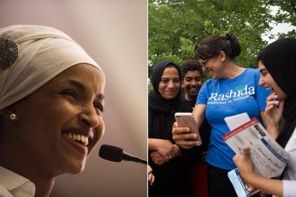 Ilhan Omar, a candidate for State Representative for District 60B in Minnesota, gives an acceptance speech on election night, November 8, 2016 in Minneapolis, Minnesota. Omar, a refugee from Somalia, is the first Somali-American Muslim woman to hold public office; Rashida Tlaib shares a moment with her supporters on the campaign trail.
