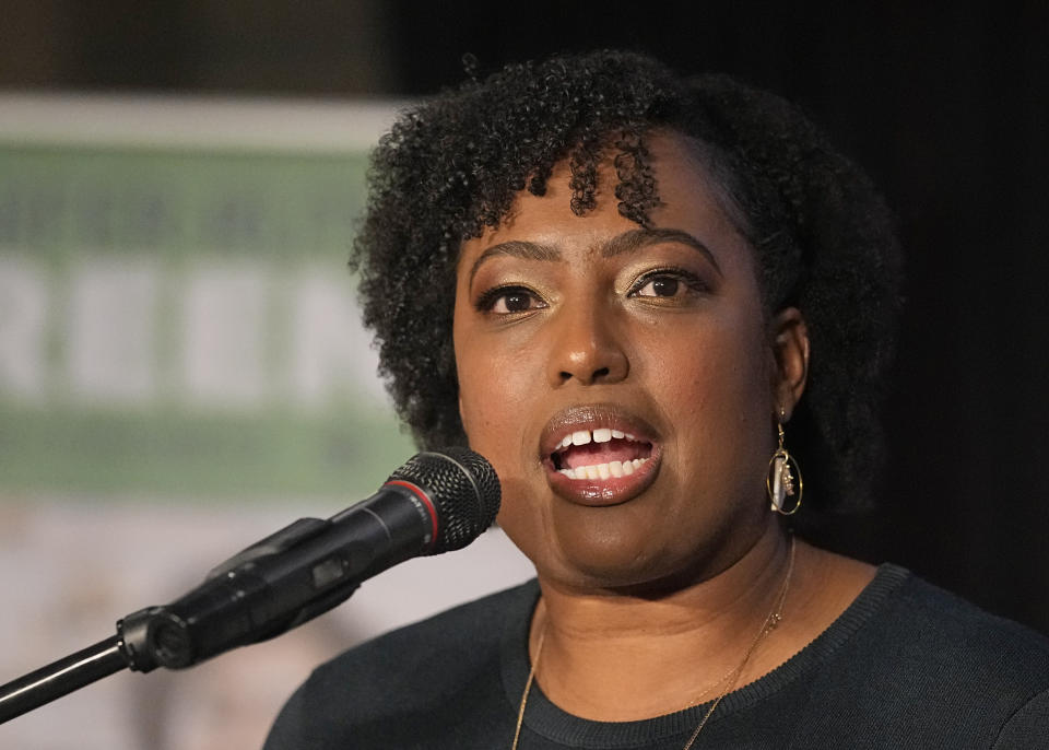 Jennifer-Ruth Green, the Republican candidate for Indiana's 1st Congressional District, speaks during an election campaign event Tuesday, Nov. 8, 2022, in Schererville, Ind. (AP Photo/Darron Cummings)