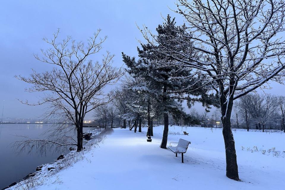 PHOTO: A park is covered in snow in Secaucus, New Jersey, on Feb. 17, 2024.  (Anadolu via Getty Images)