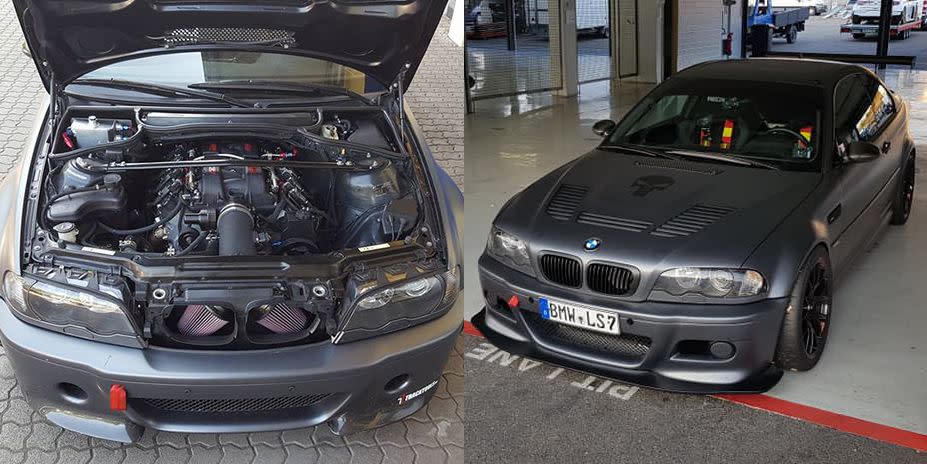 <p>Like the E92 M3 before, this E46-generation M3 has been treated to a Chevy engine swap. This one is an LS7, a 7.0-liter naturally aspirated V-8 found in the C6-generation Corvette Z06 and Camaro Z/28. <a href="https://www.roadandtrack.com/car-culture/a27356990/ls7-swapped-bmw-m3-sound/" rel="nofollow noopener" target="_blank" data-ylk="slk:It sounds as wonderful as you'd expect;elm:context_link;itc:0;sec:content-canvas" class="link ">It sounds as wonderful as you'd expect</a>. </p>
