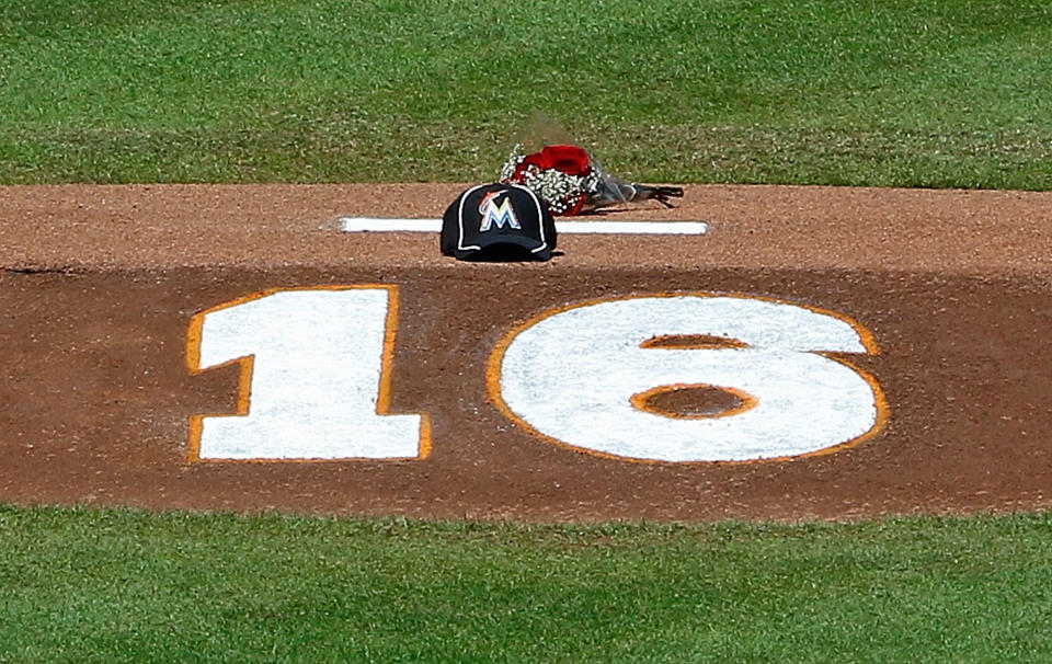 <p>Flowers, a hat and the number of Miami Marlins pitcher Jose Fernandez is shown on the pitching mound at Marlins Park on September 25, 2016 in Miami, Fla. (Joe Skipper/Getty Images) </p>