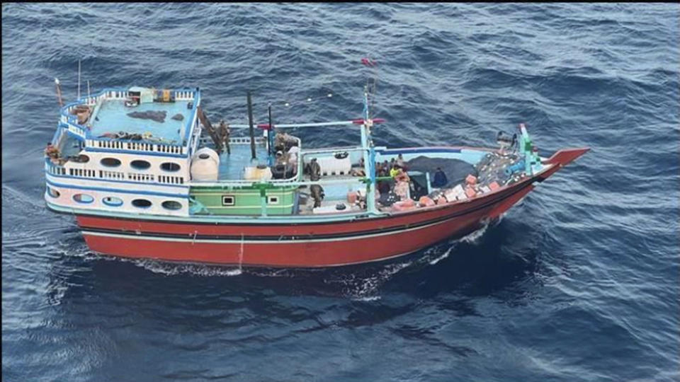 FILE - This undated image released by the U.S. military's Central Command shows what it is described as the vessel that carried Iranian-made missile components bound for Yemen's Houthi in the Arabian Sea. Four foreign nationals were charged Thursday, Feb. 22, 2024, with transporting suspected Iranian-made weapons on a vessel intercepted by U.S. naval forces in the Arabian Sea last month. Two Navy SEALs died during the mission. (U.S. Central Command via AP, File)