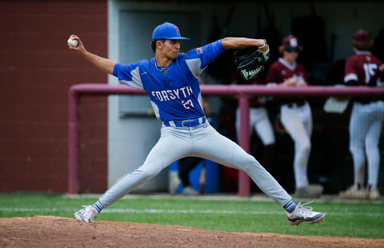 Forsyth Panthers starting pitcher Tristan Hunter delivers a pitch to the plate during a game against Strafford on Tuesday, April 23, 2024.