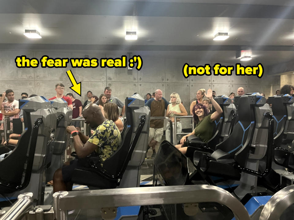 the author sitting on the ride with the words "The fear was real" and a girl waving happily with the words "not for her"