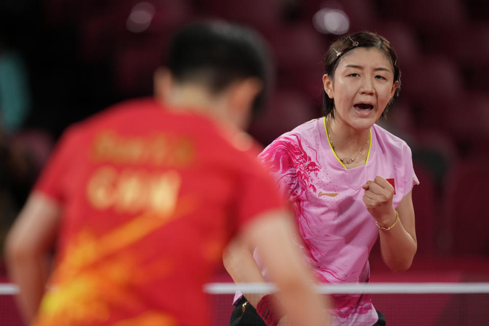 China's Chen Meng gestures during the gold medal match of the table tennis women's singles against countrywoman Sun Yingsha at the 2020 Summer Olympics, Thursday, July 29, 2021, in Tokyo. (AP Photo/Kin Cheung)