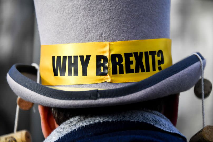 An anti-Brexit demonstrator outside the Palace of Westminster, London, Monday, Dec. 14, 2020.