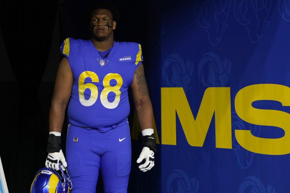 Rams offensive tackle Alaric Jackson waits to enter the field during a 2021 preseason game against the Chargers.