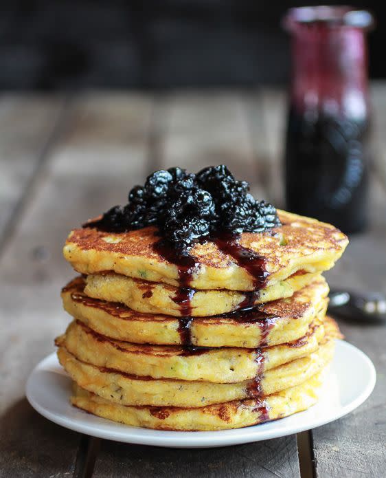 <strong>Get the <a href="http://www.halfbakedharvest.com/jalapeno-cheddar-cornbread-pancakes-with-roasted-blueberry-honey-syrup/" target="_blank">Jalapeno Cheddar Cornbread Pancakes with Roasted Blueberry Honey Syrup recipe</a> from Half Baked Harvest</strong>