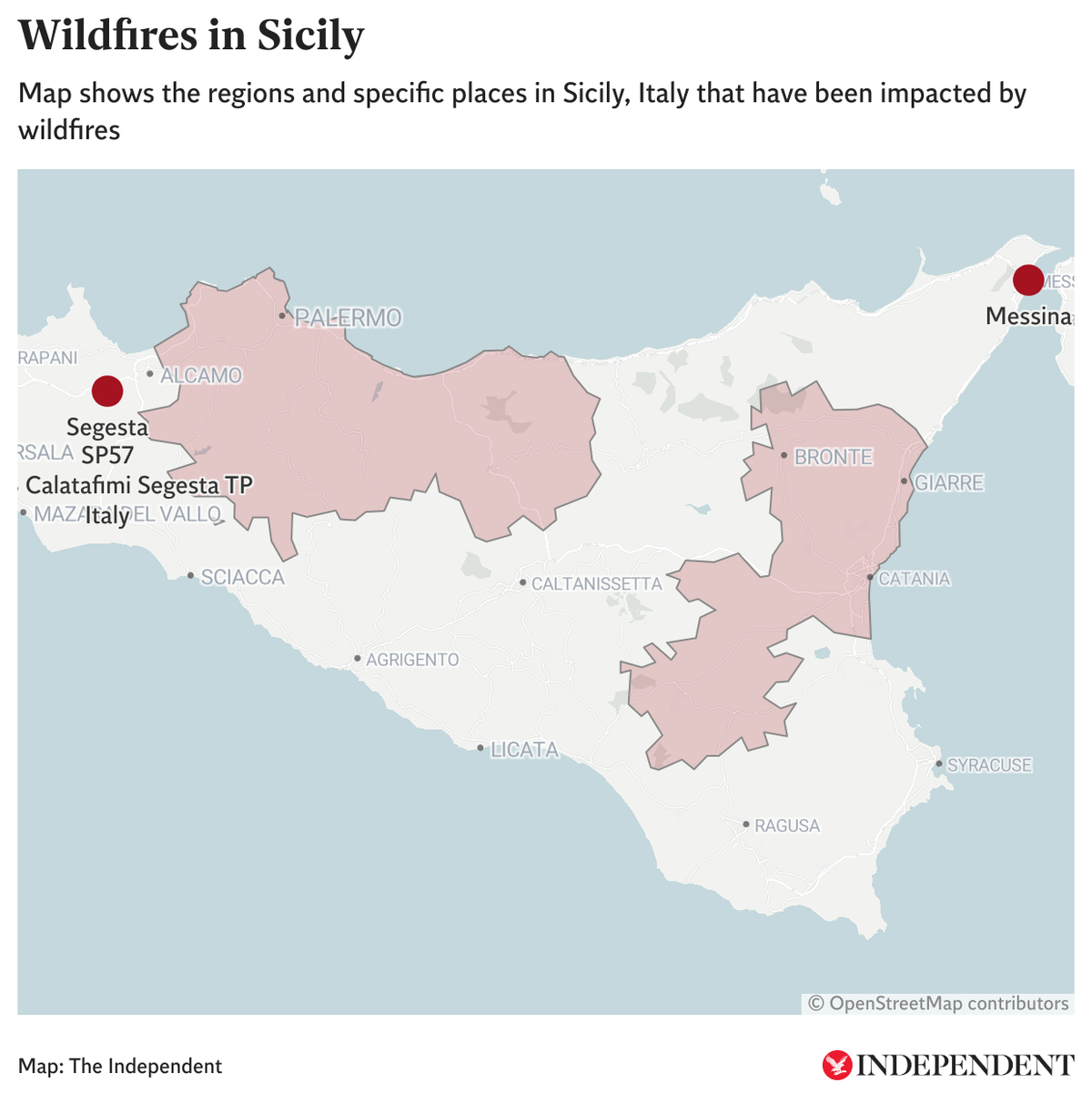 Map shows in red the regions and specific places impacted by wildfires in Sicily (OpenStreetMap)