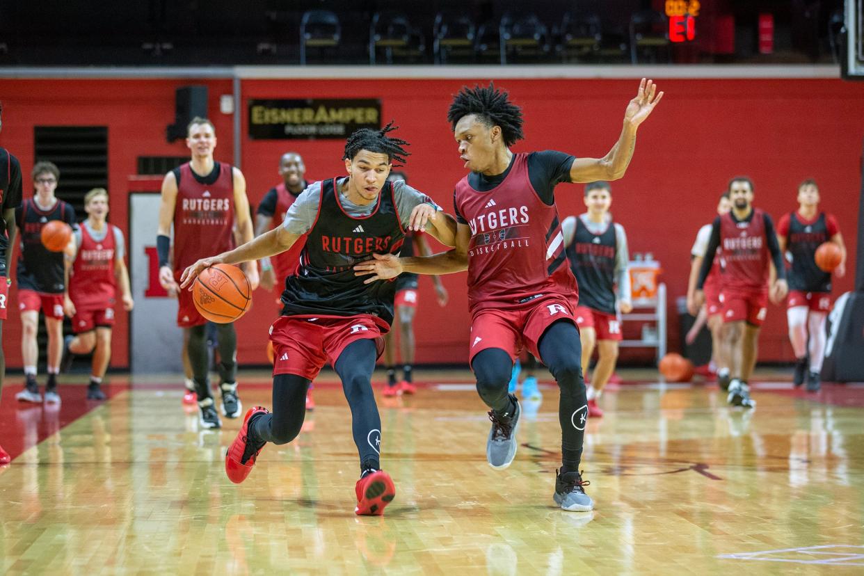 Derek Simpson and Jamichael Davis practice during Rutgers men's basketball media day at Jersey Mike's Arena in Piscataway, NJ Tuesday, October 3, 2023.