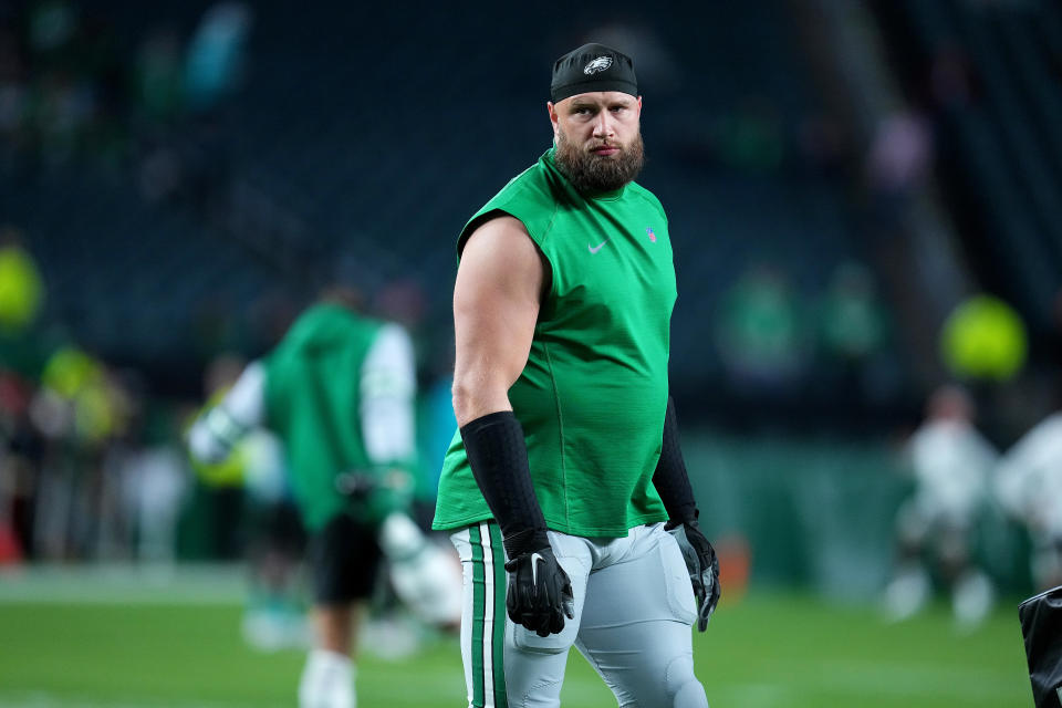 PHILADELPHIA, PENNSYLVANIA – OCTOBER 22: Lane Johnson #65 of the Philadelphia Eagles looks on prior to a game against the Miami Dolphins at Lincoln Financial Field on October 22, 2023 in Philadelphia, Pennsylvania. (Photo by Mitchell Leff/Getty Images)