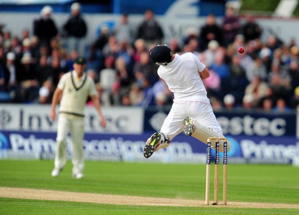 England's Ian Bell is knocked over by a ball from Australia's Ryan Harris during day three of the Fourth Investec Ashes test match at the Emirates Durham ICG, Durham.