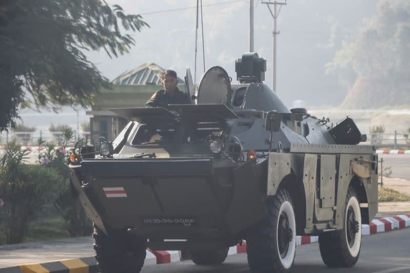 Myanmar's military checkpoint is seen on the way to the congress compound in Naypyitaw