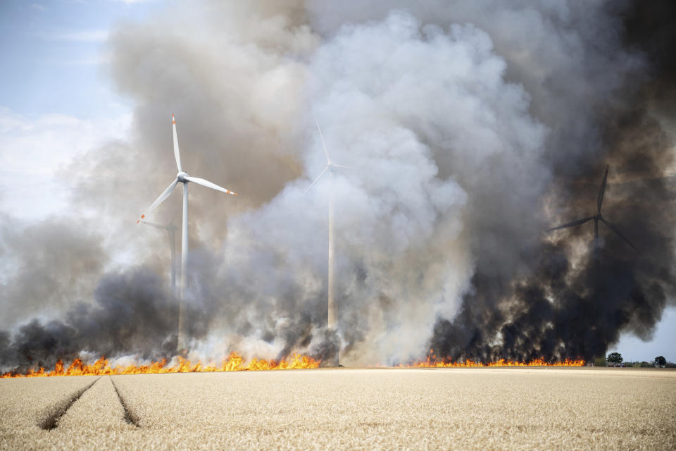 A field in an onshore wind farm is on fire near the town of Zoerbig, eastern Germany, Saturday, July 15, 2023. (Hannes P. Albert/dpa via AP)