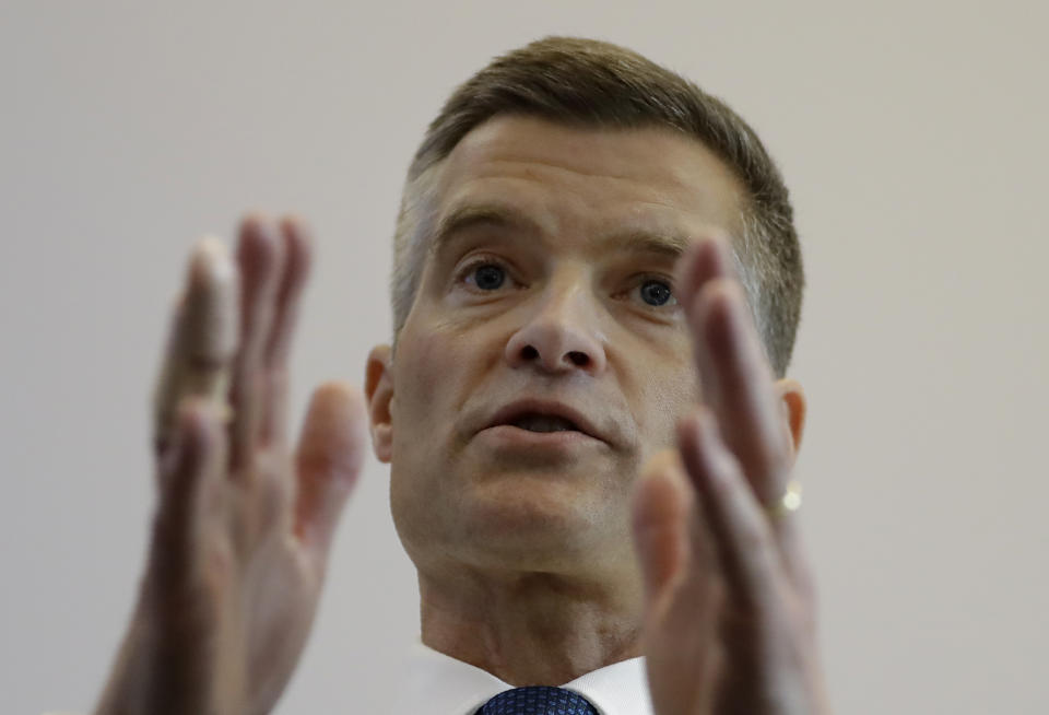 Conservative Party leadership contender Mark Harper launches his campaign, in London, Tuesday June 11, 2019. The Conservatives are holding an election to replace Prime Minister Theresa May, who resigned as party leader last week after failing to lead Britain out of the European Union on schedule. (AP Photo/Kirsty Wigglesworth)