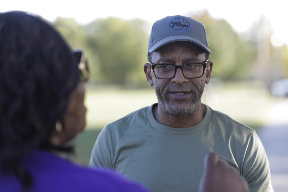 Kevin Bryant discusses the impeachment inquiry into President Donald Trump while walking in a park, Wednesday, Oct. 9, 2019, in Fishers, Ind. (AP Photo/Darron Cummings)
