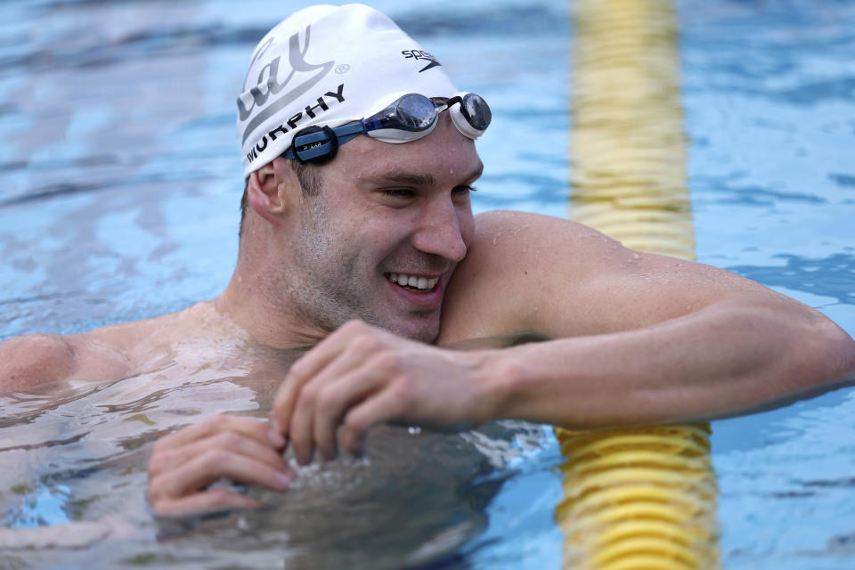 Ryan Murphy smiles during a training session Tuesday, Feb. 13, 2024, in Berkeley, Calif. (AP Photo/Jed Jacobsohn)