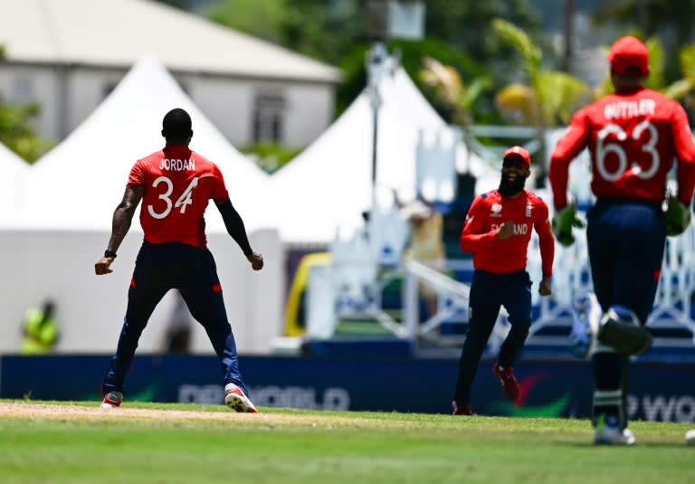 Hat-trick: England's Chris Jordan celebrates after dismissing USA's Saurabh Netravalkar to complete a hat-trick (Chandan Khanna)