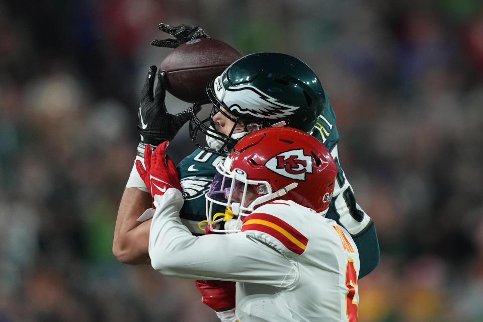 Philadelphia Eagles tight end Dallas Goedert (88) catches a pass as Kansas City Chiefs safety Bryan Cook (6) defends during the second half of the NFL Super Bowl 57 football game, Sunday, Feb. 12, 2023, in Glendale, Ariz. (AP Photo/Matt Slocum)