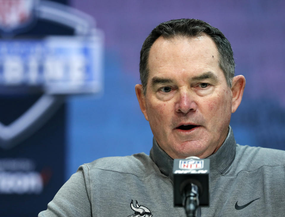 FILE - In this Feb. 26, 2020, file photo, Minnesota Vikings head coach Mike Zimmer speaks during a news conference at the NFL football scouting combine in Indianapolis. Zimmer and co-defensive coordinator Andre Patterson have worked together for four different teams, a football friendship of white and Black coaches renewed when Zimmer was hired by the Vikings and put Patterson on his staff. As Vikings players initiated deep discussions about race and justice on Thursday, Aug. 27, 2020, Zimmer was startled to hear Patterson reveal his own frightening history of being pulled over by police for no apparent infraction. (AP Photo/Charlie Neibergall, File)