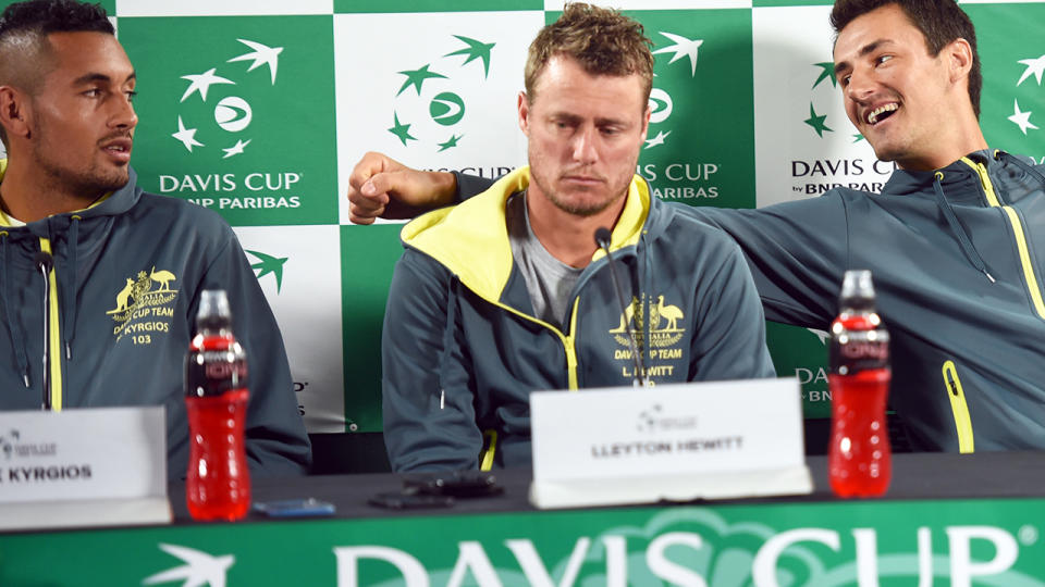 Nick Kyrgios, Lleyton Hewitt and Bernard Tomic in 2016. (Image: PETER PARKS/AFP/Getty Images)