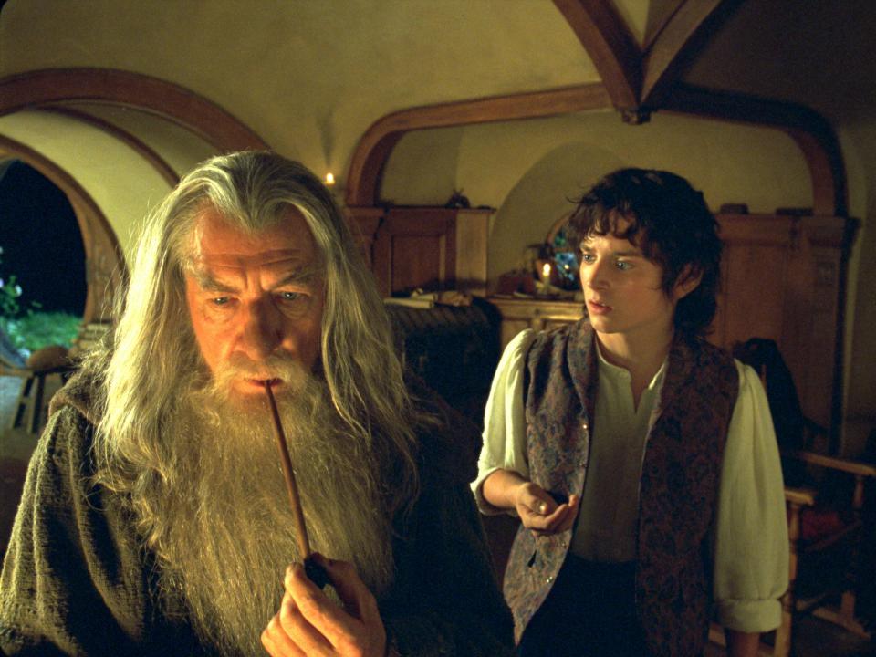 McKellen as Gandalf with Elijah Wood as Frodo standing next to each other.