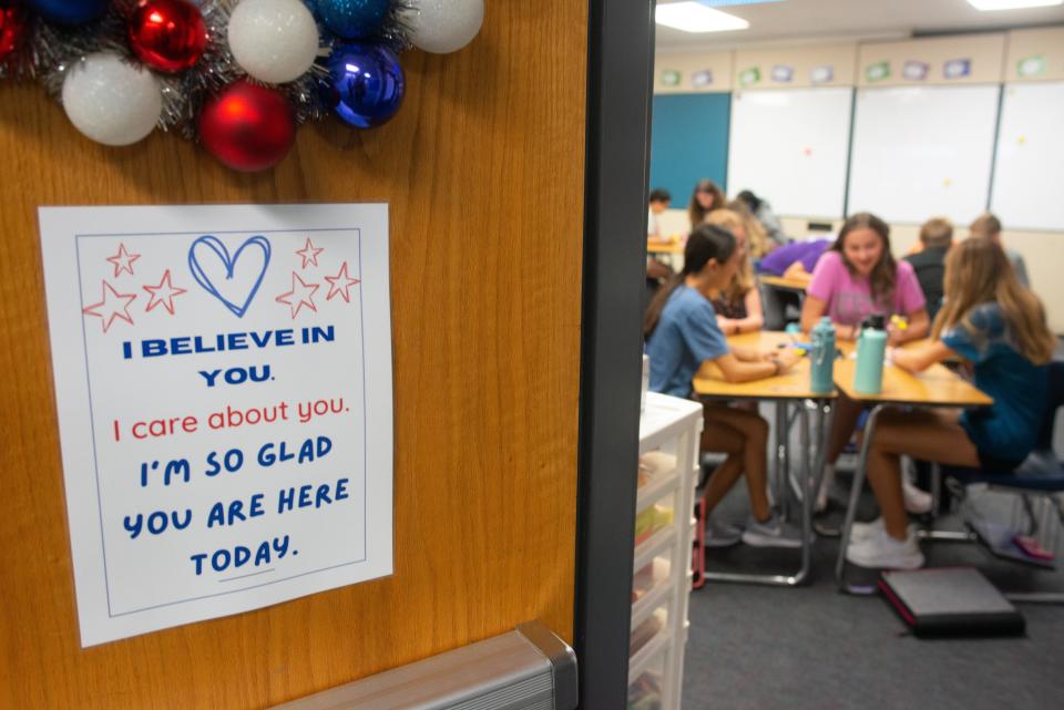 Words of encouragement greet students to Jenny Wilcox's seventh-grade math class as students begin on classwork Friday morning.