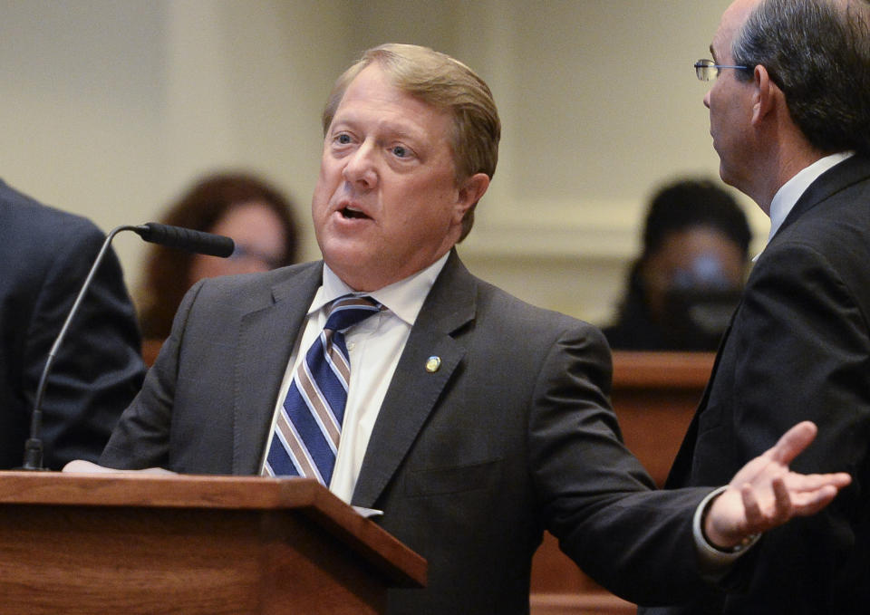 FILE - Alabama Sen. Dick Brewbaker, R-Montgomery, speaks at the podium on the Senate floor during a special legislative session, Aug. 17, 2016, at the Alabama State House in Montgomery, Ala. The former state senator is seeking the GOP nomination in Alabama's 2nd Congressional District. (Julie Bennett/The Birmingham News via AP, File)