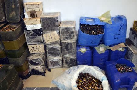 Seized ammunition are displayed at a National Guard post in Medenine March 6, 2015. REUTERS/Stringer