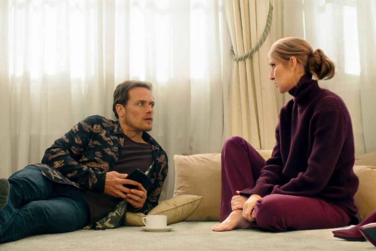 Sam Heughan and a CGI-ed Céline Dion in "Love Again"<p>Sony Pictures</p>