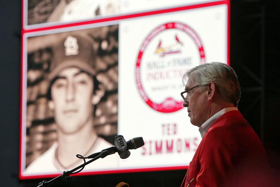 FILE - In this Aug. 15, 2015 file photo former Cardinals catcher Ted Simmons delivers his speech during the Cardinals Hall of Fame induction ceremony in St. Louis. Simmons, an eight-time All-Star during a 21-year big league career, was elected to baseball's Hall of Fame on Sunday, Dec. 8, 2019. (Huy Mach /St. Louis Post-Dispatch via AP, file)