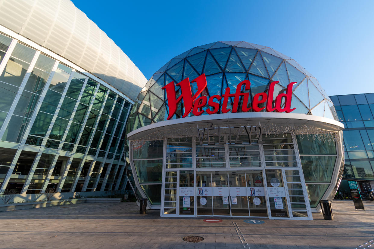 Velizy-Villacoublay, France - November 27, 2020: Main entrance of the Westfield Velizy 2 regional shopping center with the new logo 