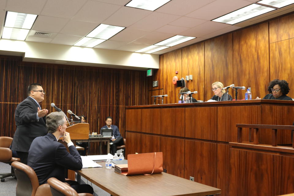 Attorney Julian Aguon argues before a panel of 9th U.S. Circuit Court of Appeals judges in Honolulu on Wednesday, Oct. 10, 2018. The question before the judges: Should non-native residents of Guam have a say in the territory's future political relationship with the United States? (AP Photo/Jennifer Sinco Kelleher)