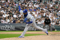 Kansas City Royals starting pitcher Carlos Hernandez delivers during the first inning of a baseball game against the Chicago White Sox Wednesday, Aug. 4, 2021, in Chicago. (AP Photo/Charles Rex Arbogast)